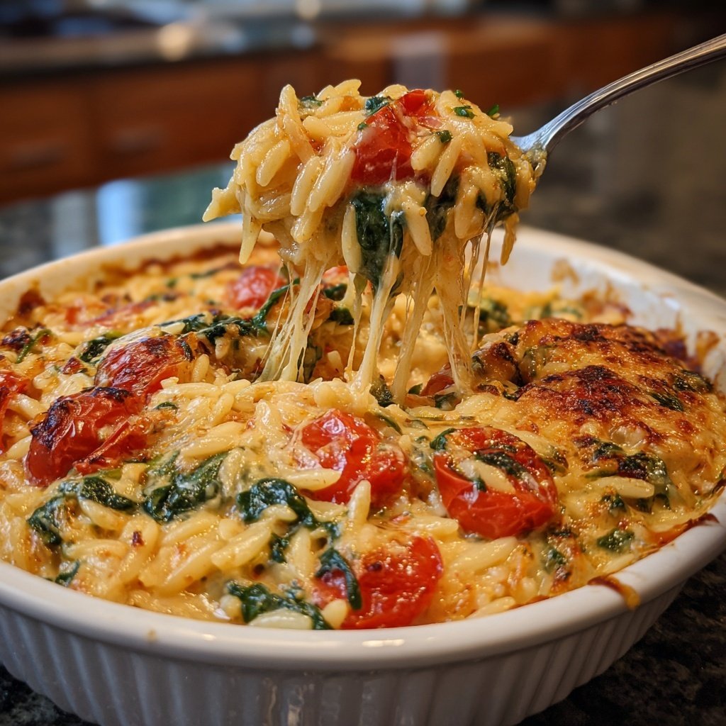 Baked Tomato Spinach Orzo
